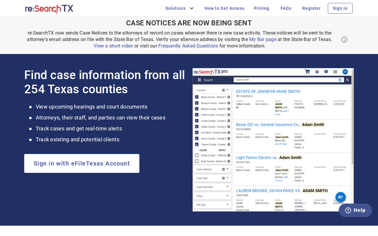 Somervell County case search through statewide re:SearchTX