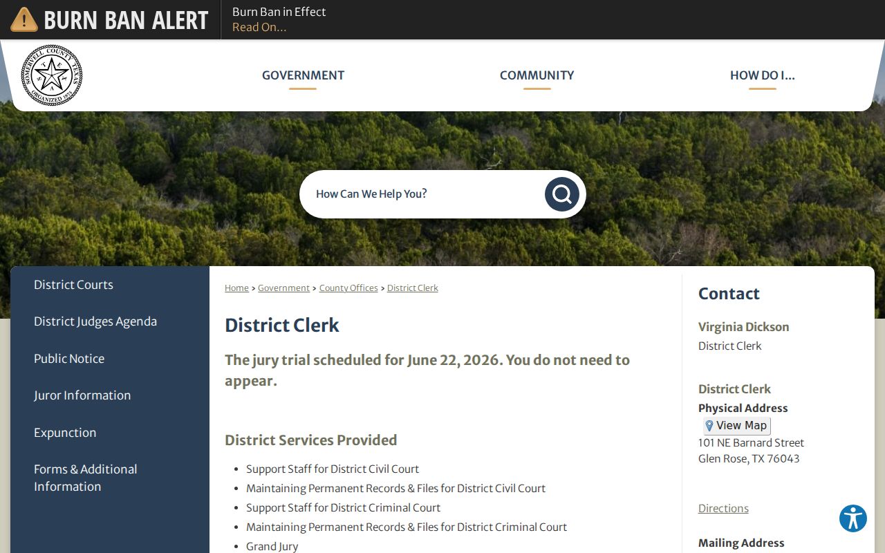Somervell County court docket District Clerk portal page