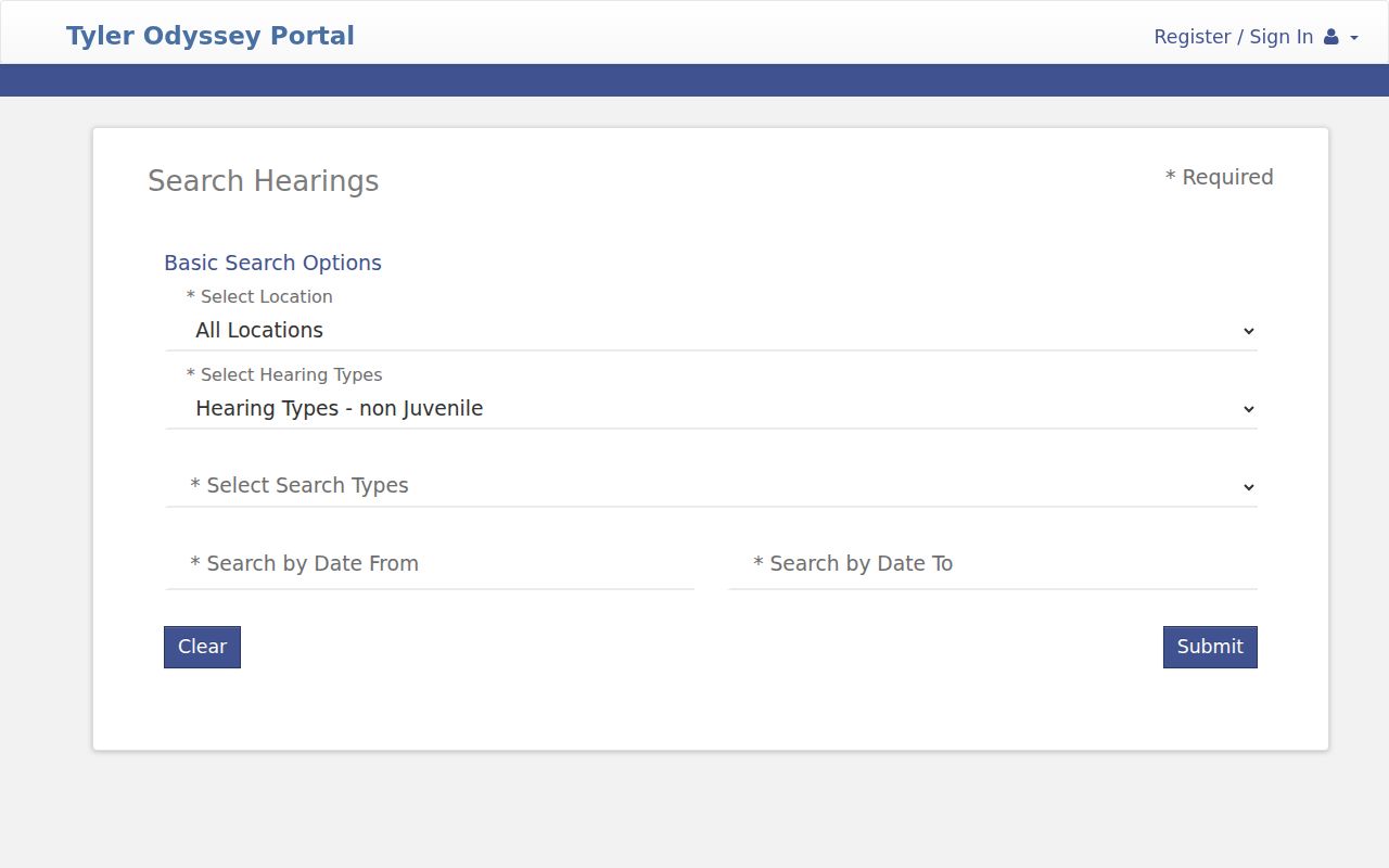 Somervell County court calendar Search Hearings form